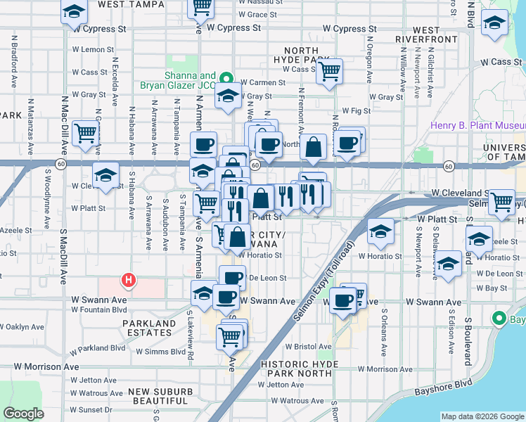map of restaurants, bars, coffee shops, grocery stores, and more near 2013 West Platt Street in Tampa