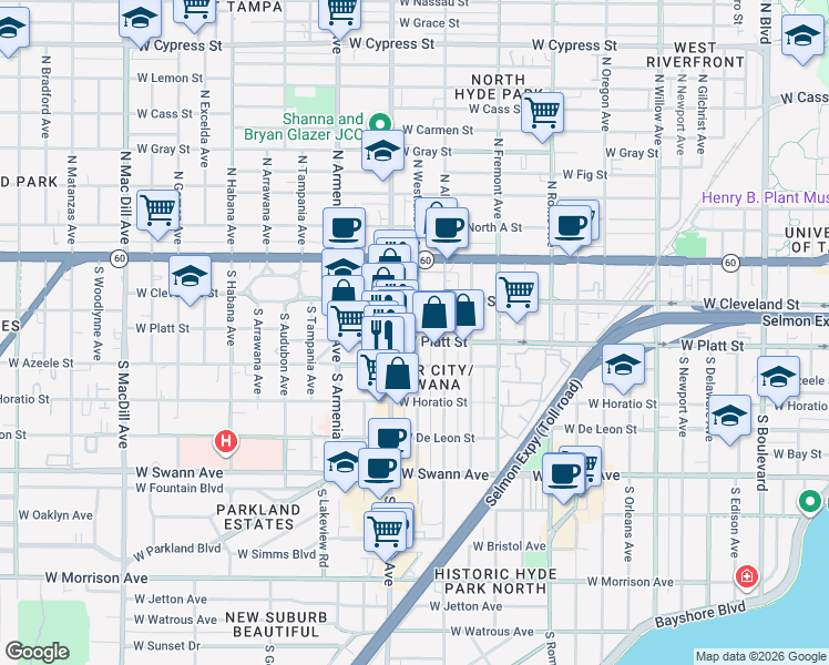 map of restaurants, bars, coffee shops, grocery stores, and more near 2107 West Platt Street in Tampa