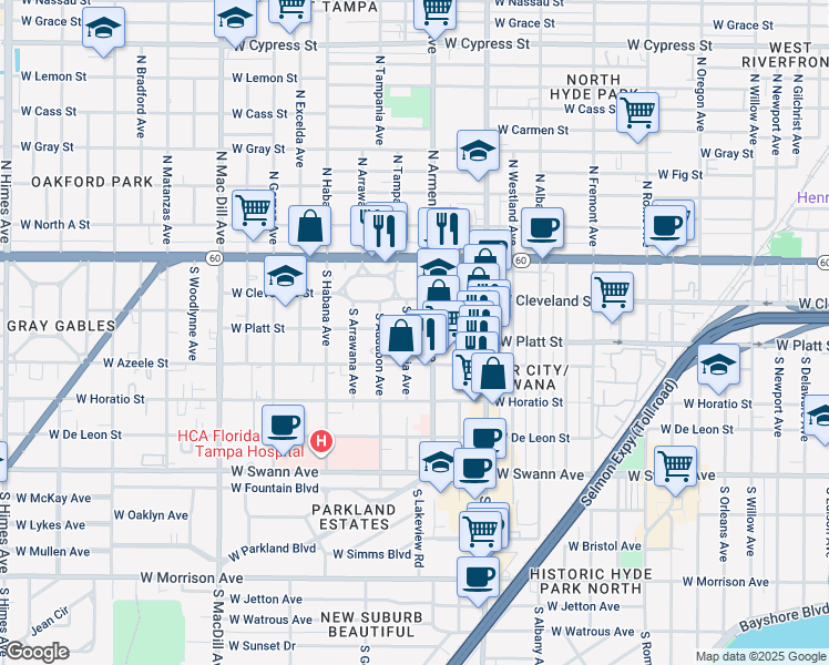 map of restaurants, bars, coffee shops, grocery stores, and more near 2561 West Platt Street in Tampa