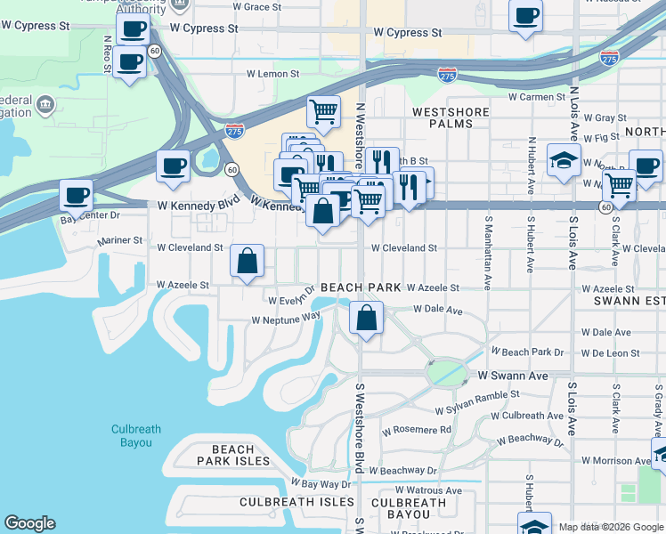 map of restaurants, bars, coffee shops, grocery stores, and more near 211 South Shore Crest Drive in Tampa