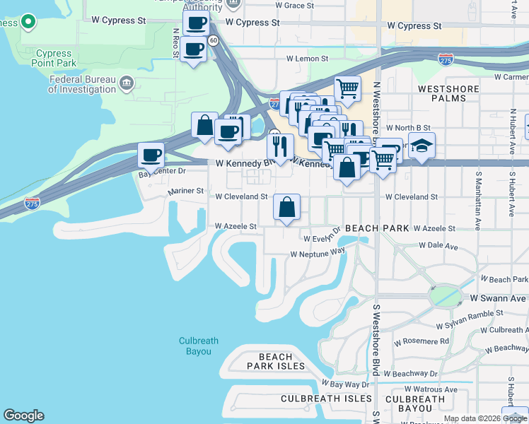 map of restaurants, bars, coffee shops, grocery stores, and more near 209 South Treasure Drive in Tampa