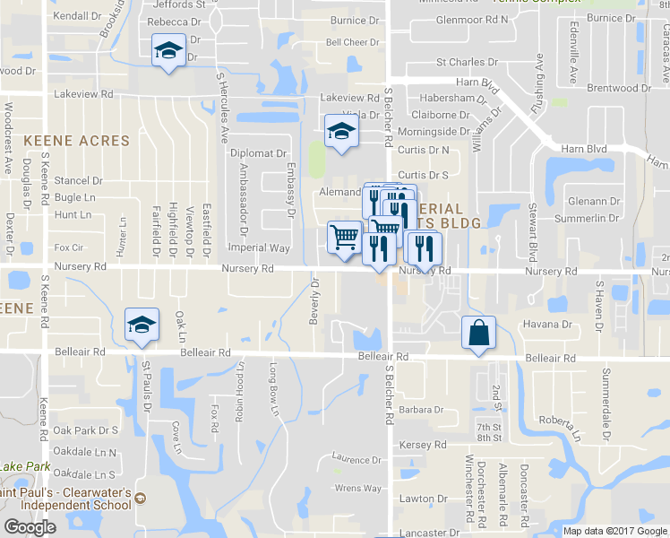 map of restaurants, bars, coffee shops, grocery stores, and more near 2131 Nursery Road in Clearwater