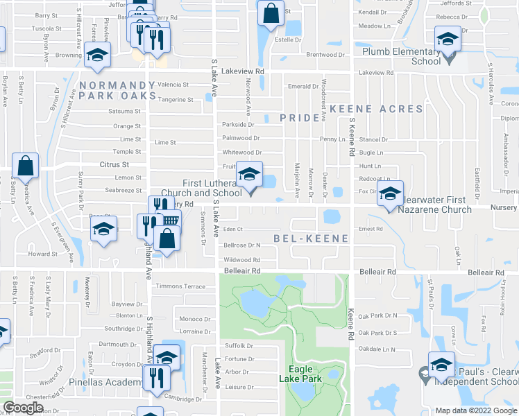 map of restaurants, bars, coffee shops, grocery stores, and more near 1505 Norwood Place in Clearwater