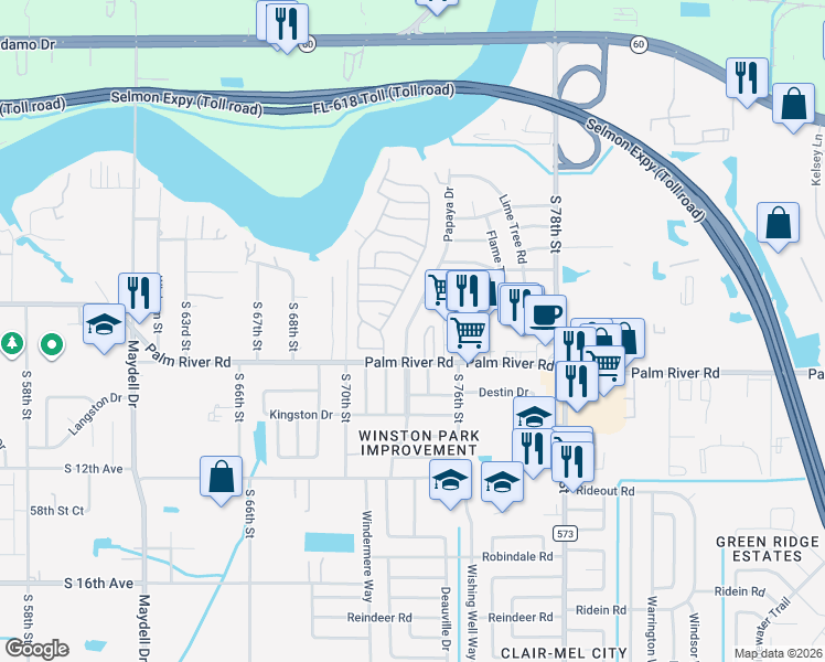 map of restaurants, bars, coffee shops, grocery stores, and more near 715 Palm Bay Drive in Tampa