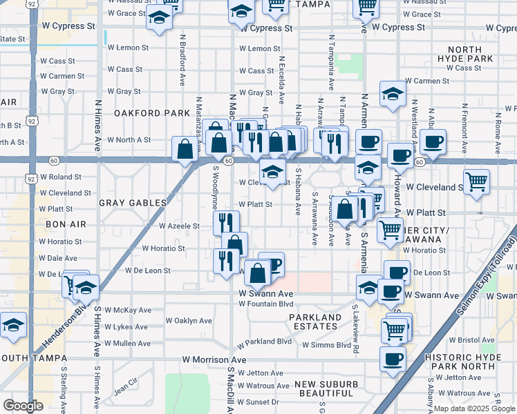 map of restaurants, bars, coffee shops, grocery stores, and more near 306 South Gomez Avenue in Tampa