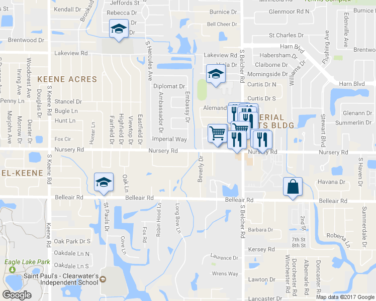 map of restaurants, bars, coffee shops, grocery stores, and more near 1501 Oakadia Drive in Clearwater