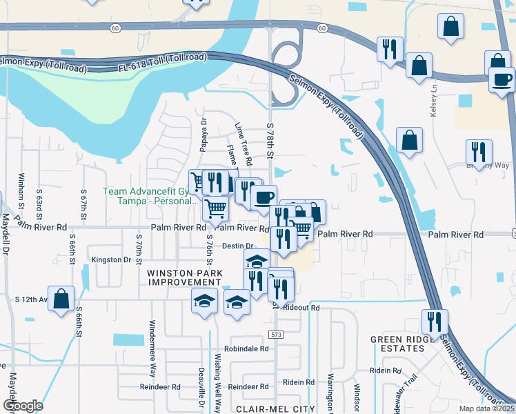 map of restaurants, bars, coffee shops, grocery stores, and more near 7748 Palm River Road in Tampa