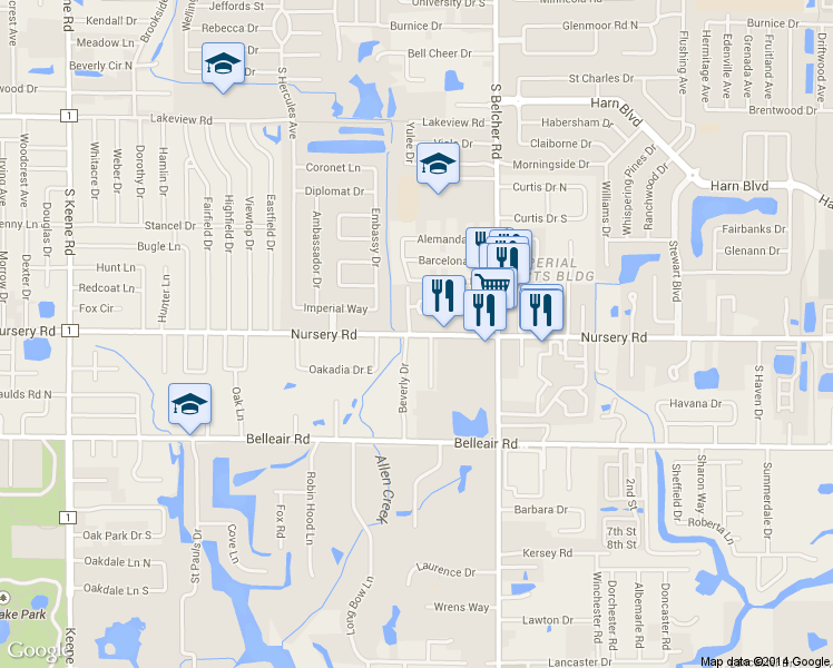 map of restaurants, bars, coffee shops, grocery stores, and more near 2131 Nursery Road in Clearwater