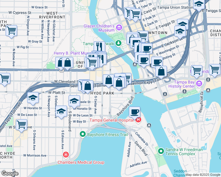map of restaurants, bars, coffee shops, grocery stores, and more near 258 South Plant Avenue in Tampa