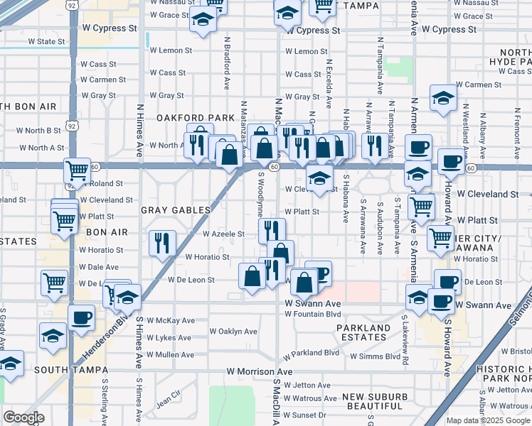 map of restaurants, bars, coffee shops, grocery stores, and more near 212 South Woodlynne Avenue in Tampa
