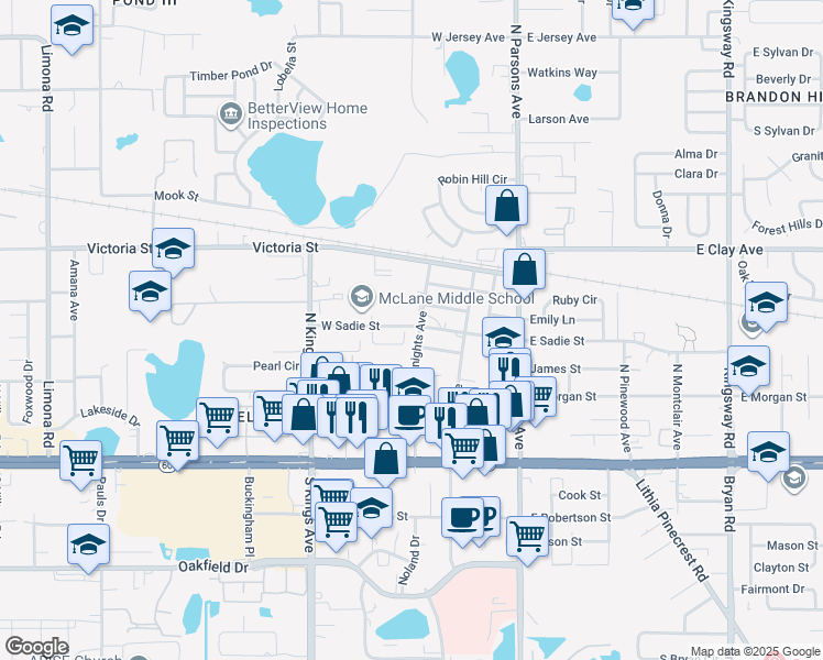 map of restaurants, bars, coffee shops, grocery stores, and more near 403 Big Cedar Way in Brandon