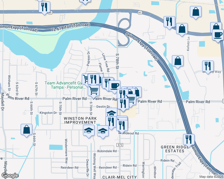 map of restaurants, bars, coffee shops, grocery stores, and more near 7748 Palm River Road in Tampa