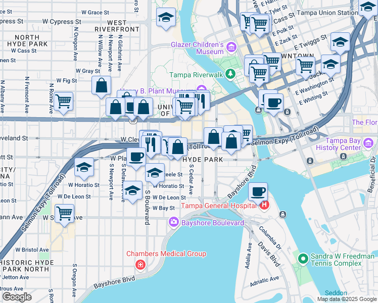 map of restaurants, bars, coffee shops, grocery stores, and more near 212 South Magnolia Avenue in Tampa