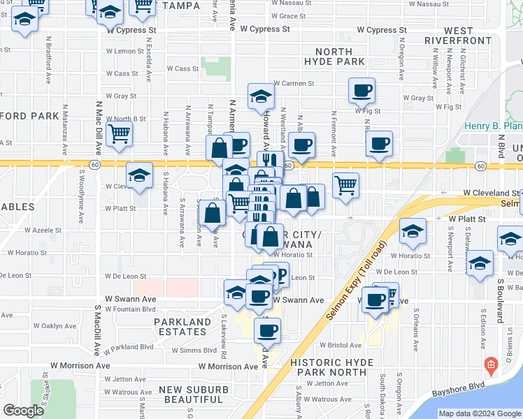 map of restaurants, bars, coffee shops, grocery stores, and more near 219 South Howard Avenue in Tampa