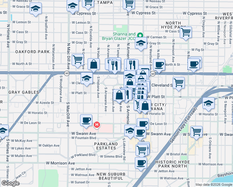 map of restaurants, bars, coffee shops, grocery stores, and more near 2561 West Platt Street in Tampa