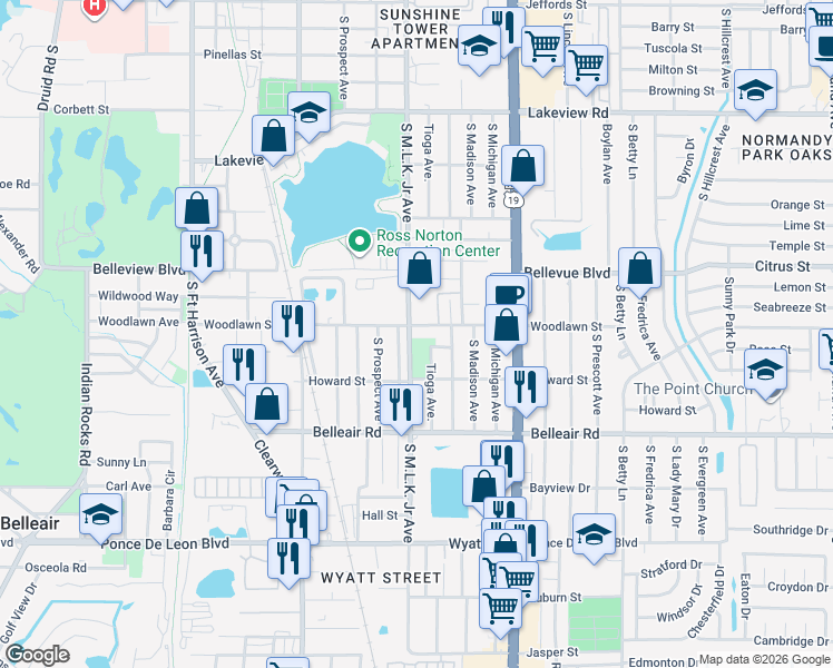 map of restaurants, bars, coffee shops, grocery stores, and more near 1535 South Martin Luther King Junior Avenue in Clearwater