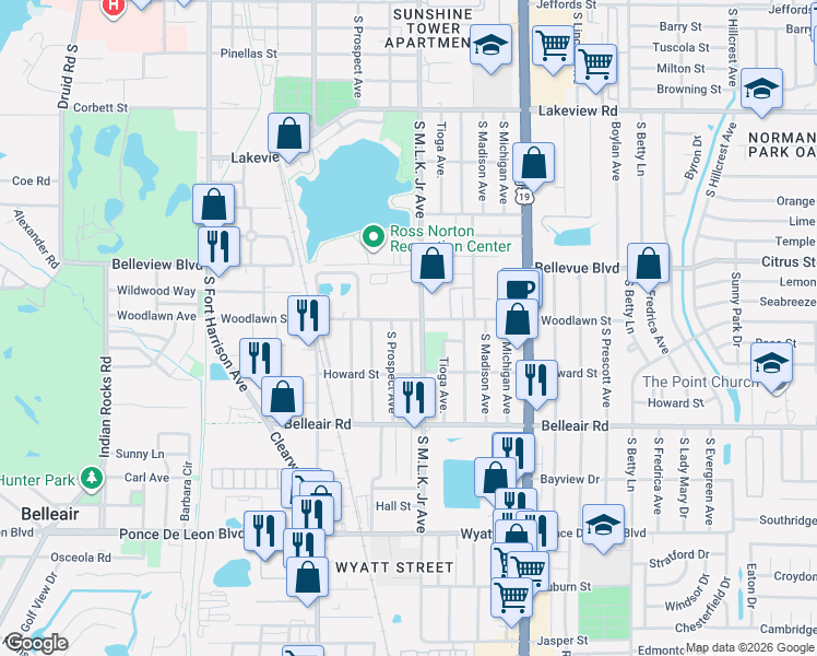 map of restaurants, bars, coffee shops, grocery stores, and more near 1515 South Prospect Avenue in Clearwater