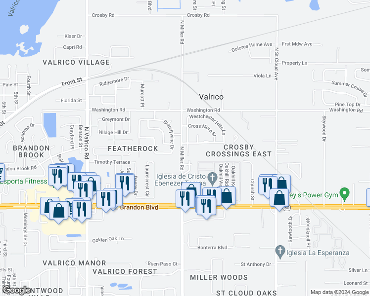 map of restaurants, bars, coffee shops, grocery stores, and more near 210 Westchester Hills Lane in Valrico