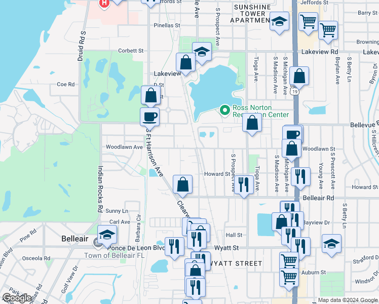 map of restaurants, bars, coffee shops, grocery stores, and more near 619 Woodlawn Street in Clearwater