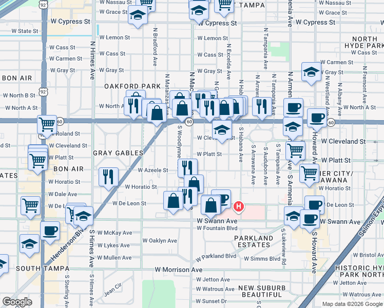map of restaurants, bars, coffee shops, grocery stores, and more near 3099 West Platt Street in Tampa
