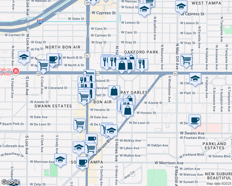 map of restaurants, bars, coffee shops, grocery stores, and more near 212 South Himes Avenue in Tampa