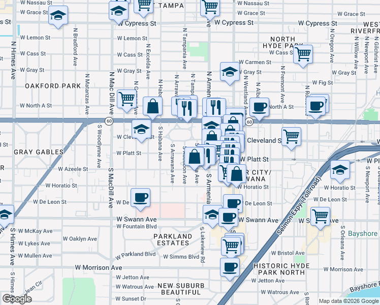 map of restaurants, bars, coffee shops, grocery stores, and more near 2561 West Platt Street in Tampa