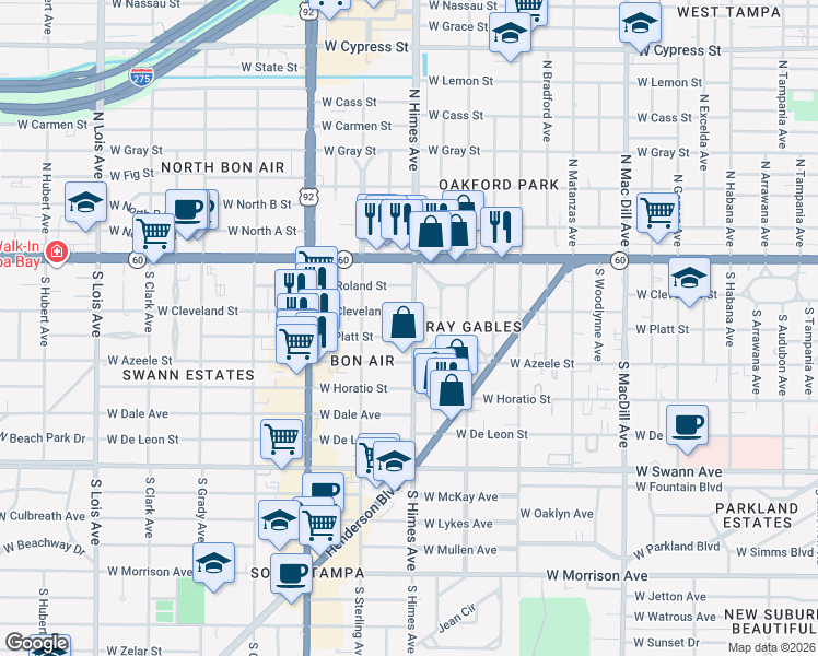 map of restaurants, bars, coffee shops, grocery stores, and more near 212 South Himes Avenue in Tampa