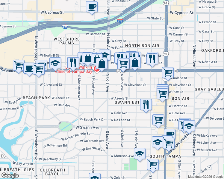 map of restaurants, bars, coffee shops, grocery stores, and more near 4118 West Platt Street in Tampa