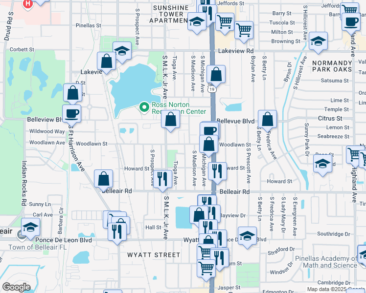 map of restaurants, bars, coffee shops, grocery stores, and more near 1513 South Washington Avenue in Clearwater