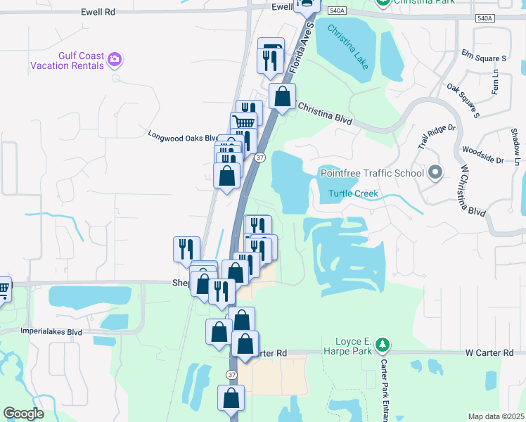 map of restaurants, bars, coffee shops, grocery stores, and more near Unnamed Road in Lakeland
