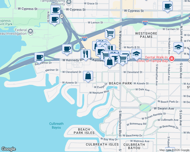 map of restaurants, bars, coffee shops, grocery stores, and more near 5101 West Platt Street in Tampa