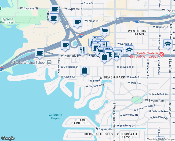 map of restaurants, bars, coffee shops, grocery stores, and more near 5107 West Platt Street in Tampa