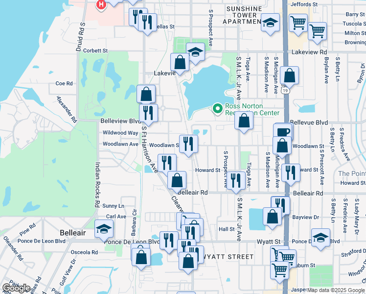 map of restaurants, bars, coffee shops, grocery stores, and more near 629 Woodlawn Street in Clearwater