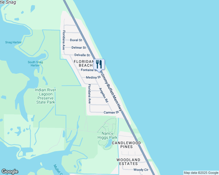 map of restaurants, bars, coffee shops, grocery stores, and more near 6790 Florida A1A in Melbourne Beach