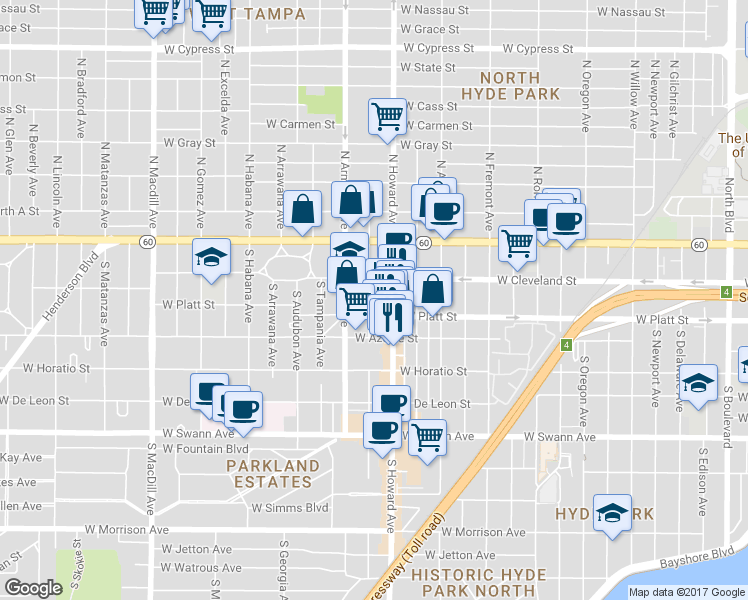 map of restaurants, bars, coffee shops, grocery stores, and more near 219 South Howard Avenue in Tampa