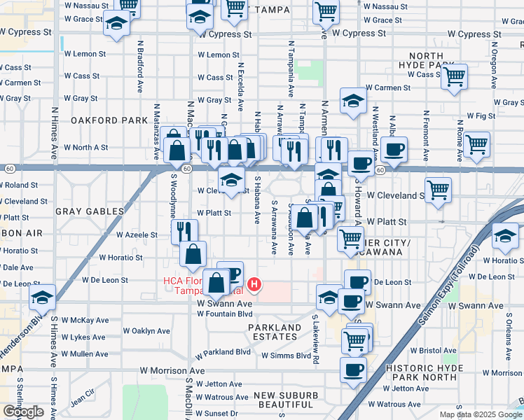 map of restaurants, bars, coffee shops, grocery stores, and more near 303 South Habana Avenue in Tampa