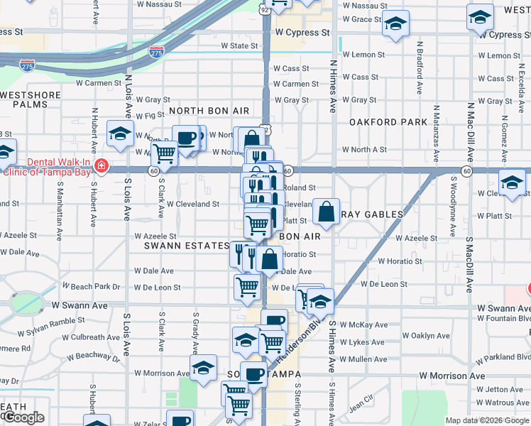 map of restaurants, bars, coffee shops, grocery stores, and more near 4005 West Horatio Street in Tampa