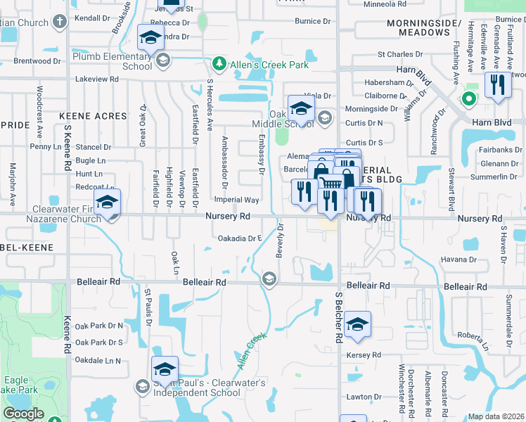 map of restaurants, bars, coffee shops, grocery stores, and more near 1501 Oakadia Drive in Clearwater