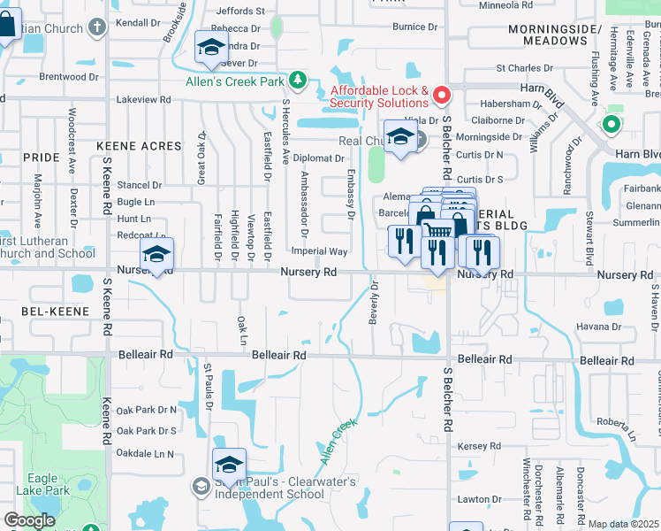 map of restaurants, bars, coffee shops, grocery stores, and more near 2049 Nursery Road in Clearwater