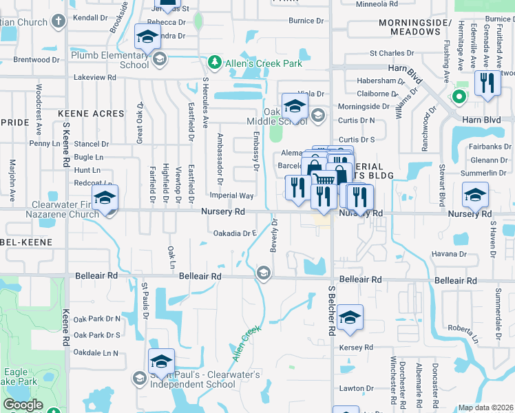 map of restaurants, bars, coffee shops, grocery stores, and more near 1501 Oakadia Drive in Clearwater