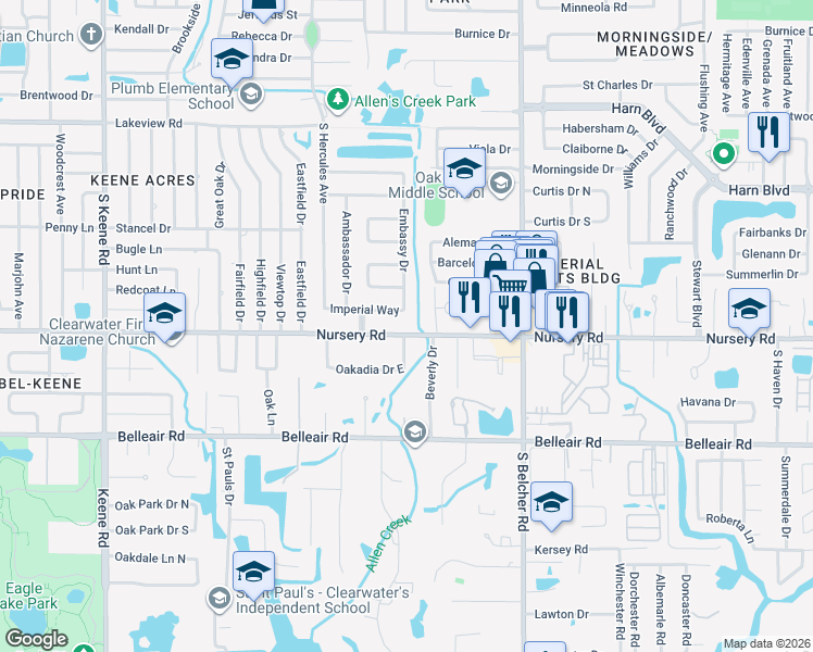 map of restaurants, bars, coffee shops, grocery stores, and more near 2058 Nursery Road in Clearwater