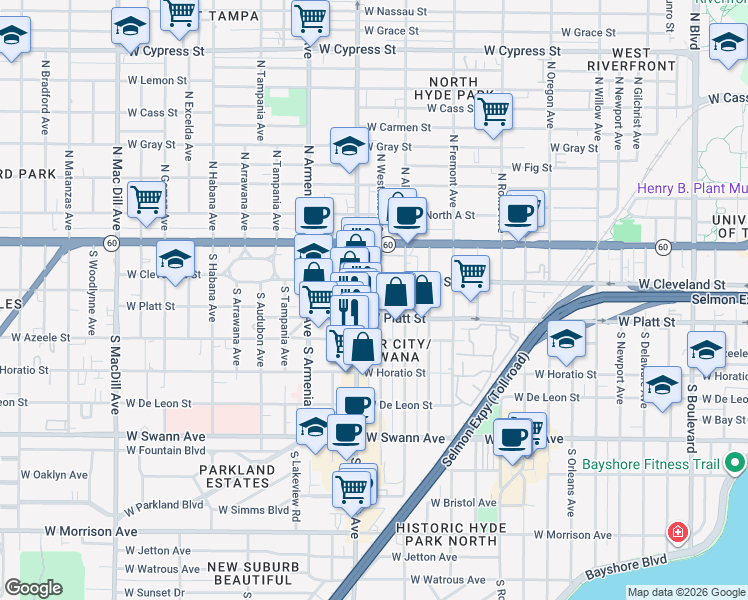 map of restaurants, bars, coffee shops, grocery stores, and more near 2107 West Platt Street in Tampa