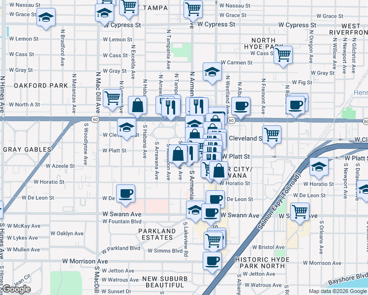 map of restaurants, bars, coffee shops, grocery stores, and more near 2561 West Platt Street in Tampa