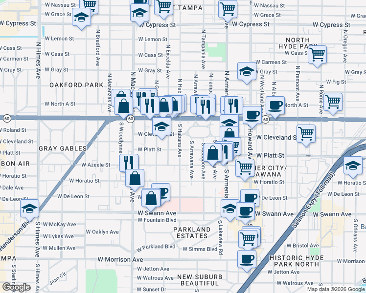 map of restaurants, bars, coffee shops, grocery stores, and more near 303 South Habana Avenue in Tampa