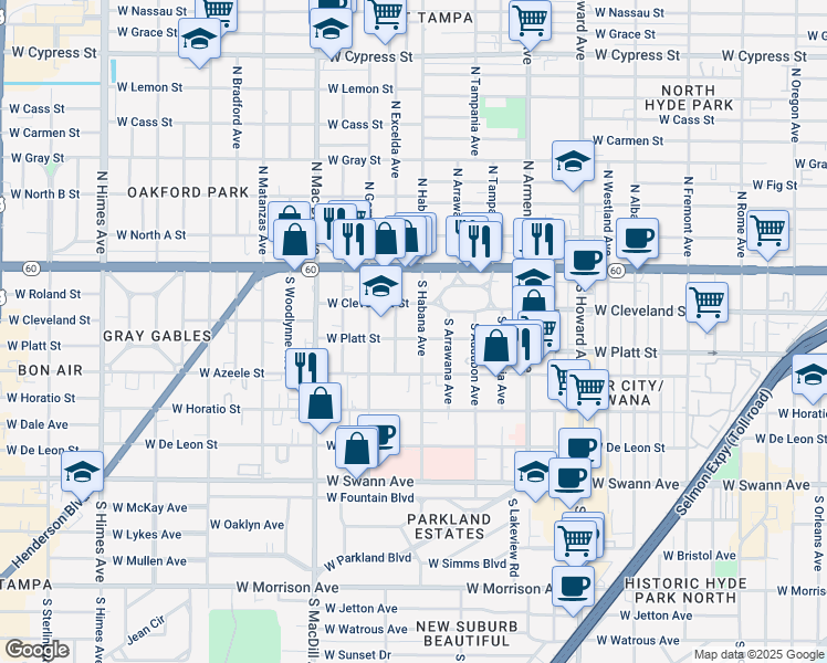 map of restaurants, bars, coffee shops, grocery stores, and more near 303 South Habana Avenue in Tampa
