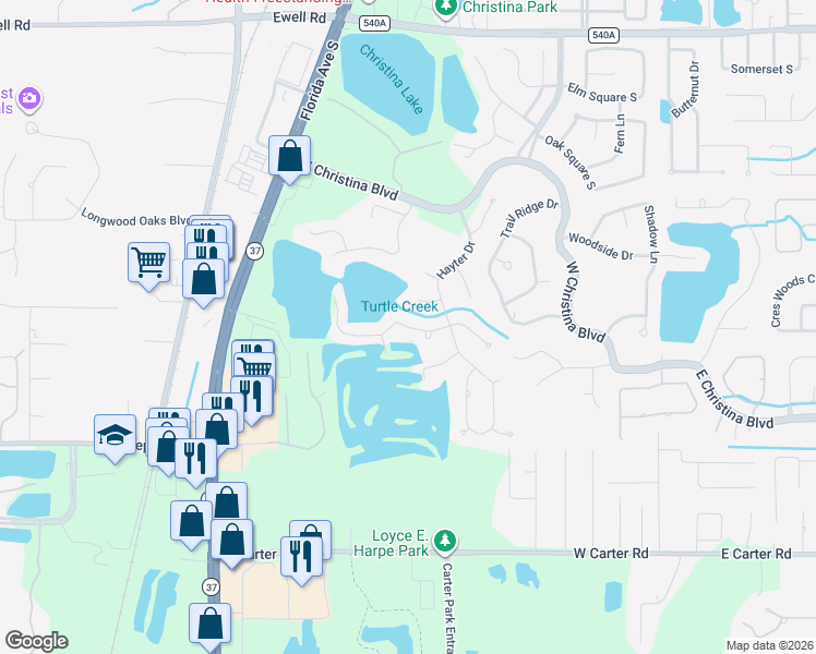 map of restaurants, bars, coffee shops, grocery stores, and more near 601 Peninsular Drive in Lakeland