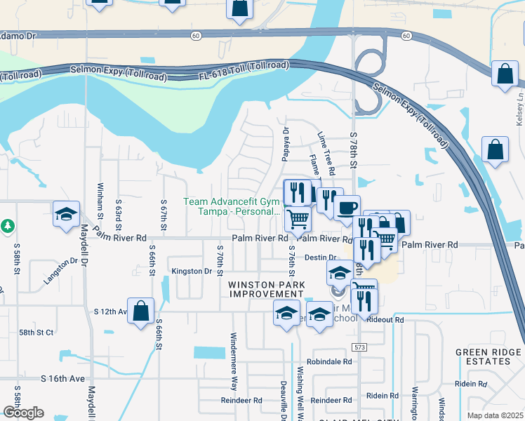 map of restaurants, bars, coffee shops, grocery stores, and more near 1912 Crosstown Club Place in Tampa
