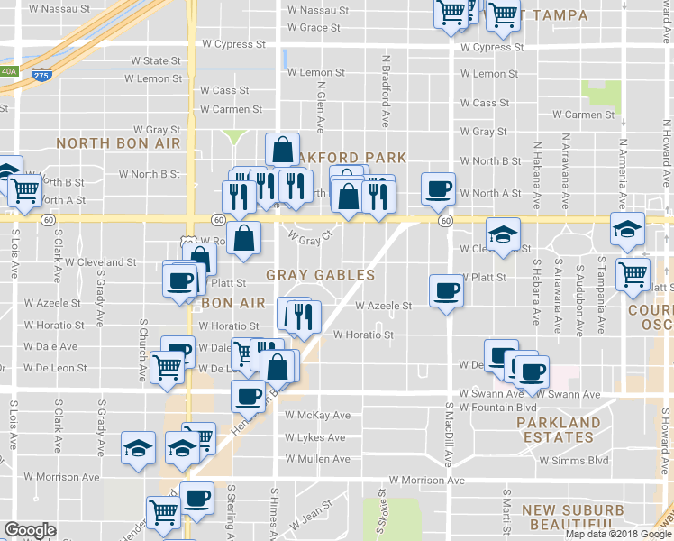 map of restaurants, bars, coffee shops, grocery stores, and more near 203 South Beverly Avenue in Tampa