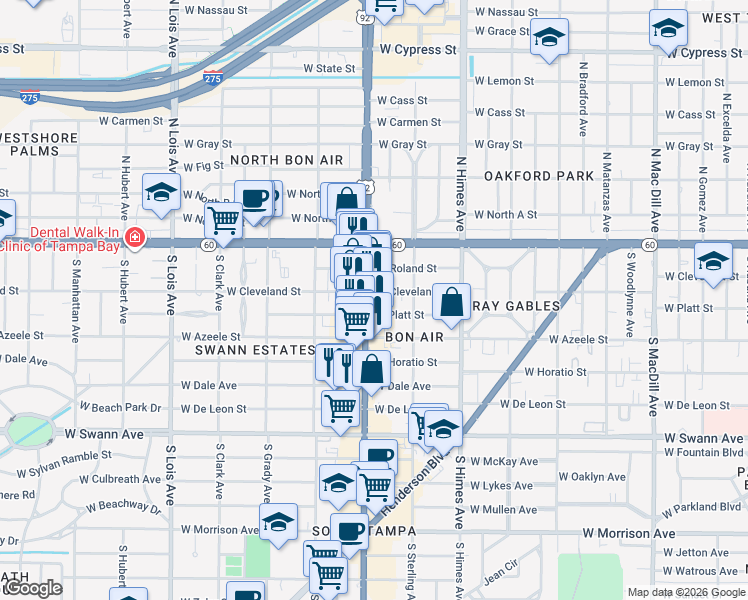map of restaurants, bars, coffee shops, grocery stores, and more near 301 South Dale Mabry Highway in Tampa