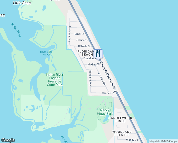 map of restaurants, bars, coffee shops, grocery stores, and more near 7005 Floridana Avenue in Melbourne Beach